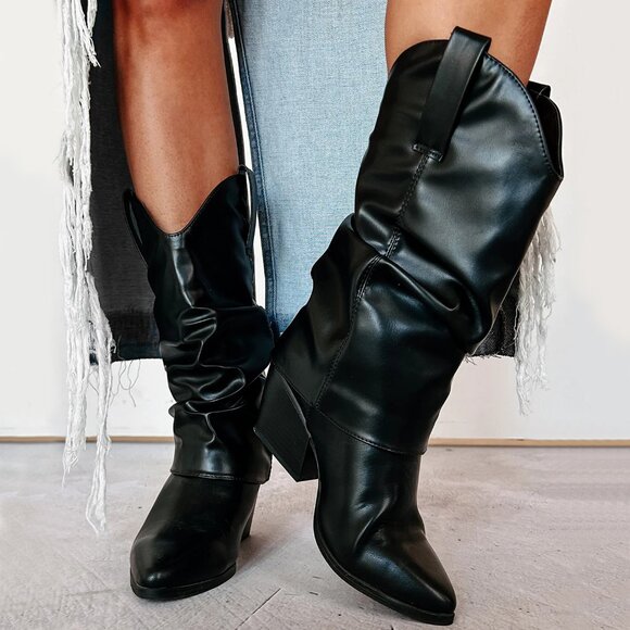 New Black Pointed Toe Fold-Over Cowboy Cowgirl Western Boots Mid Calf Block Heel - Picture 3 of 4
